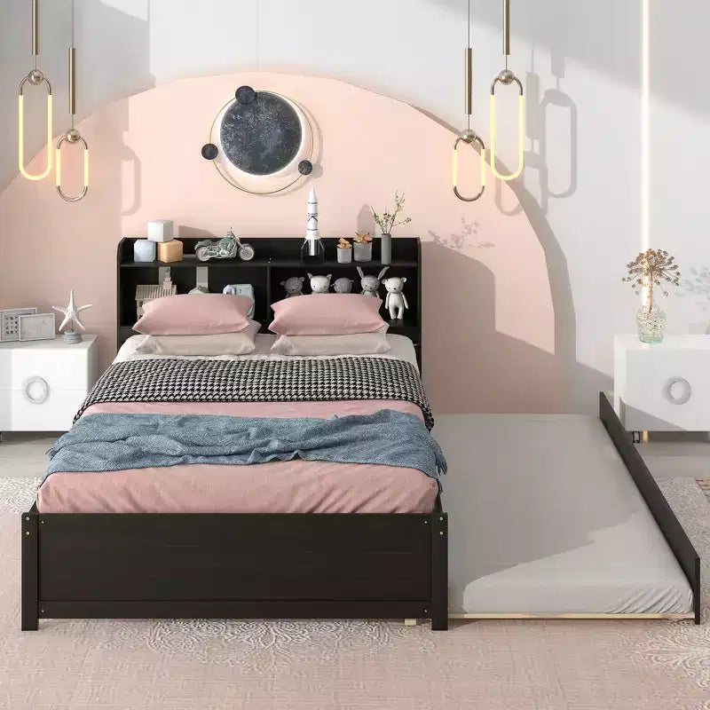 Full Size Storage Headboard Bed with Pull Out Trundle Solid Pine Wood Bed Frame for Small Space