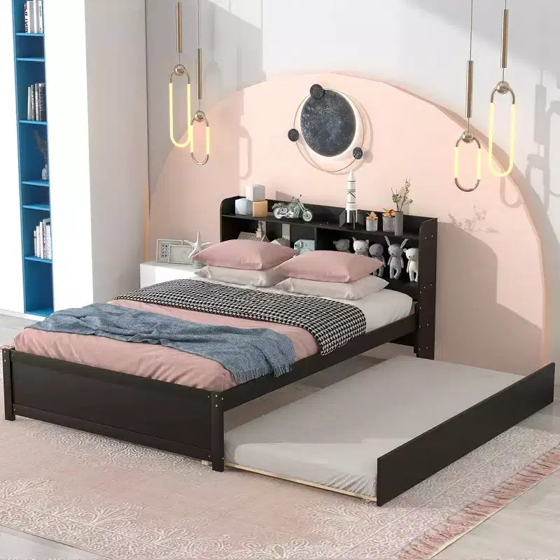 Full Size Storage Headboard Bed with Pull Out Trundle Solid Pine Wood Bed Frame for Small Space