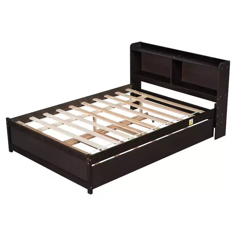Full Size Storage Headboard Bed with Pull Out Trundle Solid Pine Wood Bed Frame for Small Space