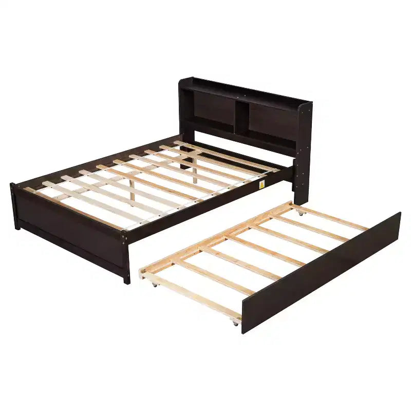 Full Size Storage Headboard Bed with Pull Out Trundle Solid Pine Wood Bed Frame for Small Space