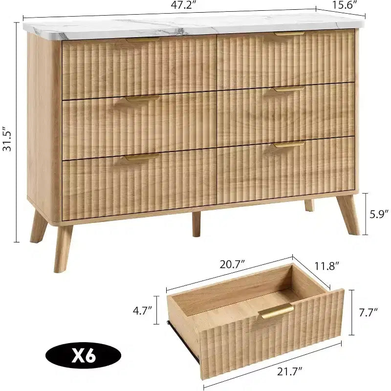 6 Drawer Dresser for Bedroom, 47 Wide Chest of Drawers with Thickened & Large Pattern Design