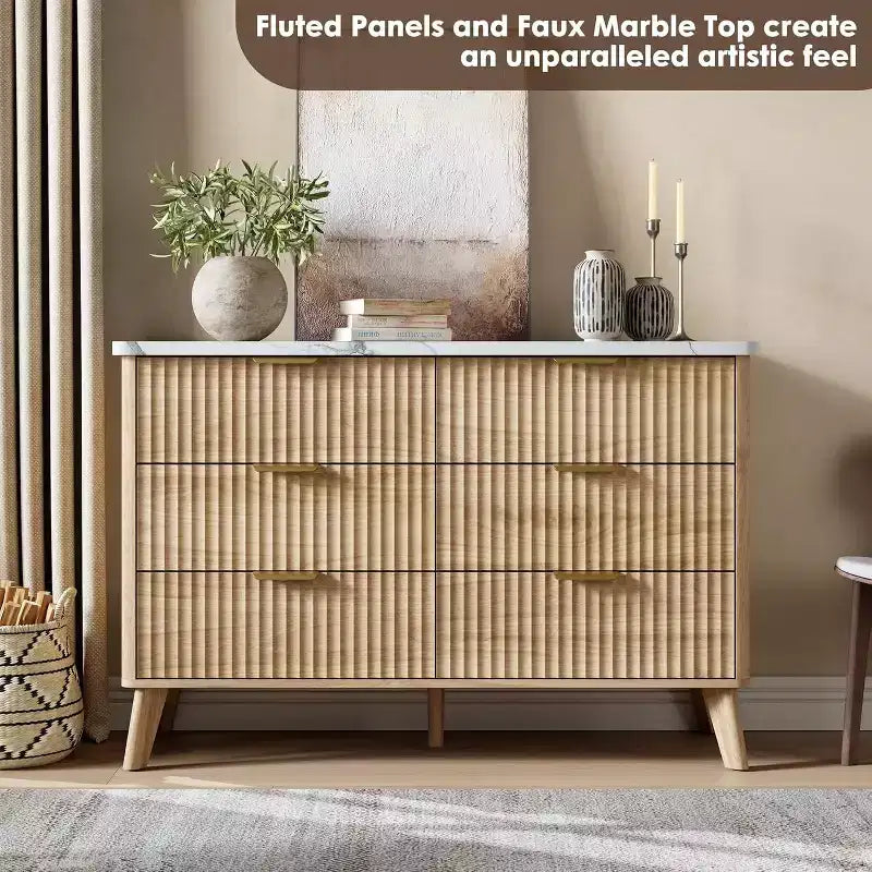 6 Drawer Dresser for Bedroom, 47 Wide Chest of Drawers with Thickened & Large Pattern Design