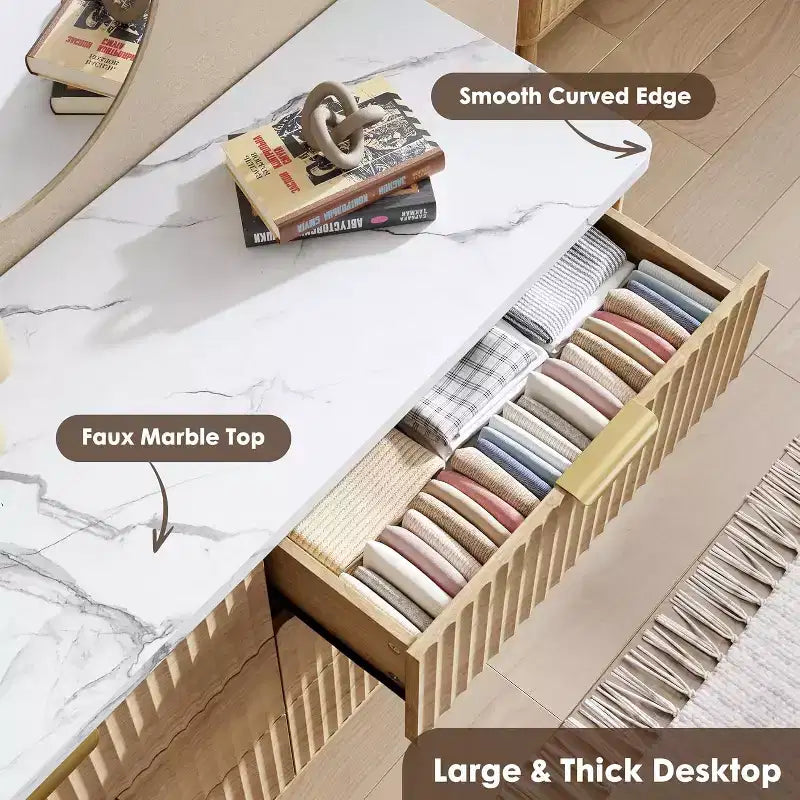 Commode 6 tiroirs pour chambre à coucher, large commode de 120 cm avec motif épais et grand design