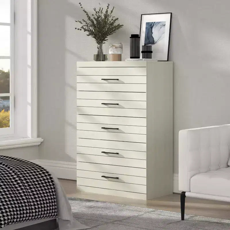 5-Drawer Dresser with Interlock Safety System in Pearl White Oak 30.7 W x 16.1 D x 45.8 H
