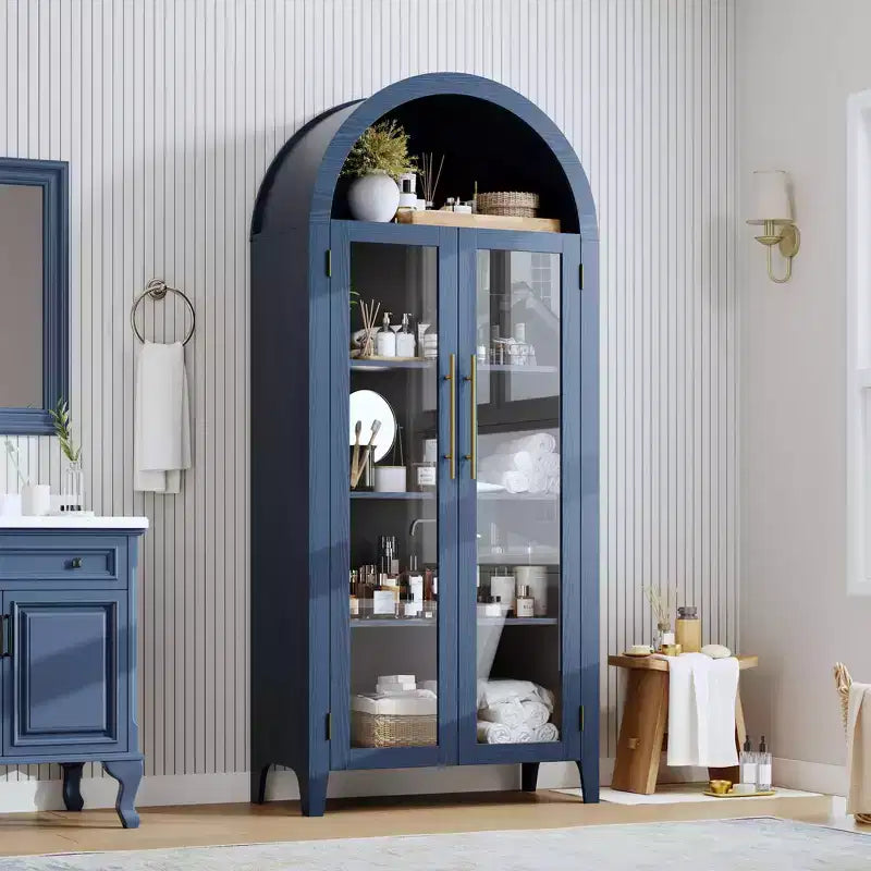63.2 Arched Kitchen Pantry Storage Cabinet - Farmhouse 5 Tier Display Shelf with 2 Large Glass Doors, for Kitchen, Dining Room, Living Room