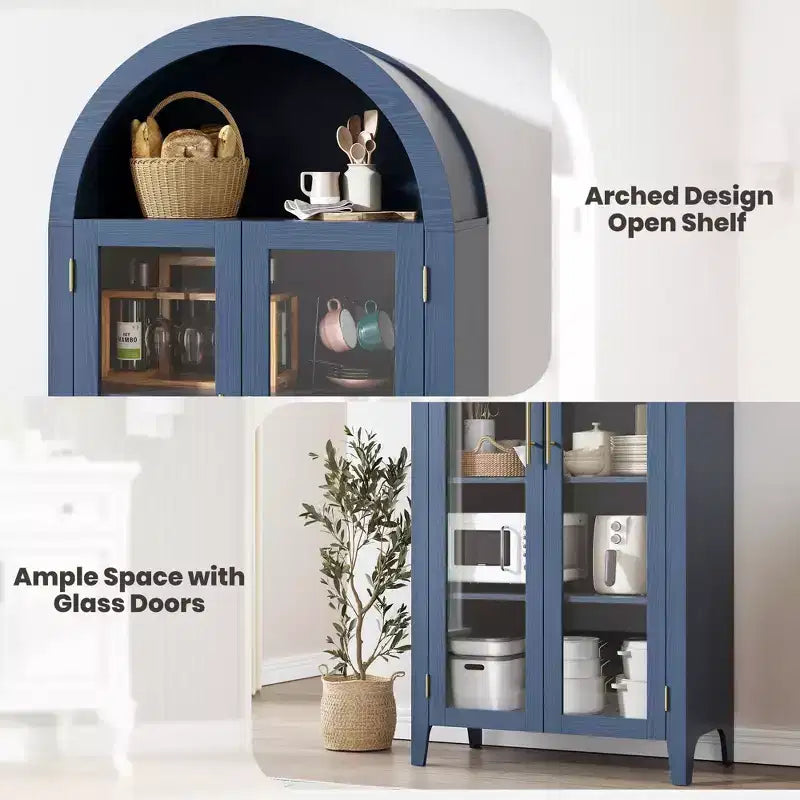 63.2 Arched Kitchen Pantry Storage Cabinet - Farmhouse 5 Tier Display Shelf with 2 Large Glass Doors, for Kitchen, Dining Room, Living Room