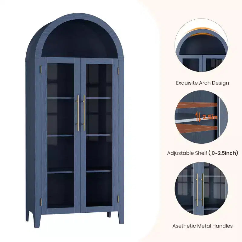 63.2 Arched Kitchen Pantry Storage Cabinet - Farmhouse 5 Tier Display Shelf with 2 Large Glass Doors, for Kitchen, Dining Room, Living Room