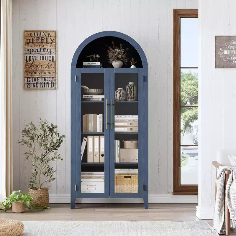 63.2 Arched Kitchen Pantry Storage Cabinet - Farmhouse 5 Tier Display Shelf with 2 Large Glass Doors, for Kitchen, Dining Room, Living Room
