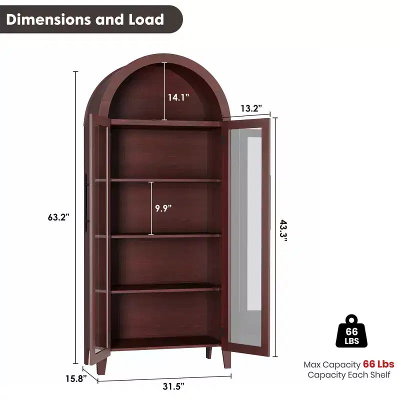 63.2 Arched Kitchen Pantry Storage Cabinet - Farmhouse 5 Tier Display Shelf with 2 Large Glass Doors, for Kitchen, Dining Room, Living Room