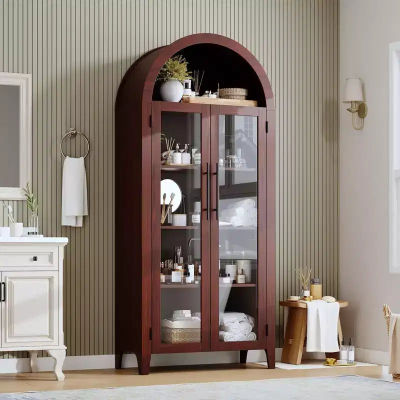 63.2 Arched Kitchen Pantry Storage Cabinet - Farmhouse 5 Tier Display Shelf with 2 Large Glass Doors, for Kitchen, Dining Room, Living Room