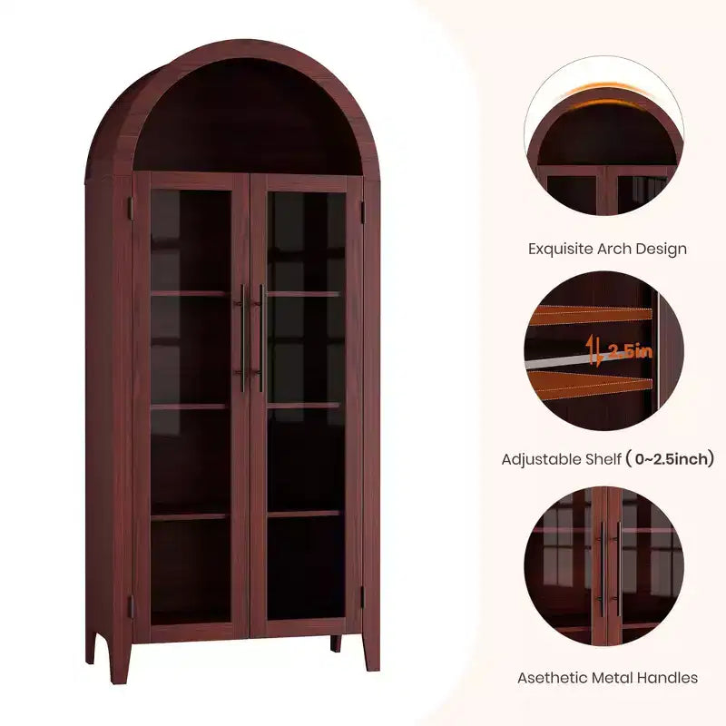 63.2 Arched Kitchen Pantry Storage Cabinet - Farmhouse 5 Tier Display Shelf with 2 Large Glass Doors, for Kitchen, Dining Room, Living Room