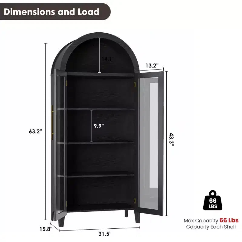 63.2 Arched Kitchen Pantry Storage Cabinet - Farmhouse 5 Tier Display Shelf with 2 Large Glass Doors, for Kitchen, Dining Room, Living Room