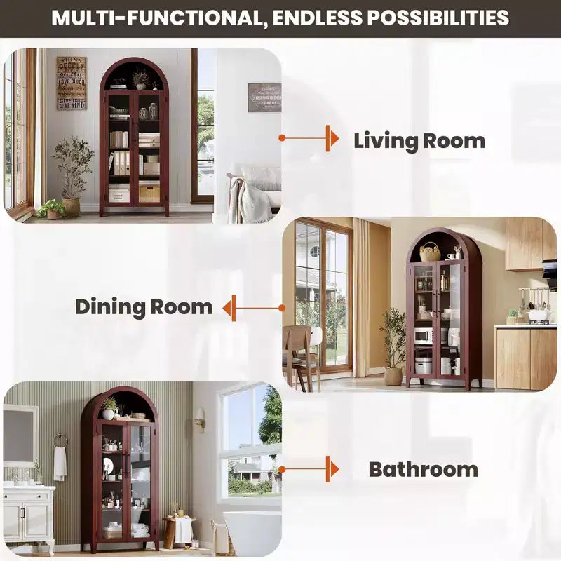 63.2 Arched Kitchen Pantry Storage Cabinet - Farmhouse 5 Tier Display Shelf with 2 Large Glass Doors, for Kitchen, Dining Room, Living Room