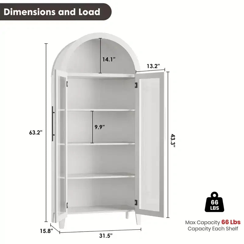 63.2 Arched Kitchen Pantry Storage Cabinet - Farmhouse 5 Tier Display Shelf with 2 Large Glass Doors, for Kitchen, Dining Room, Living Room
