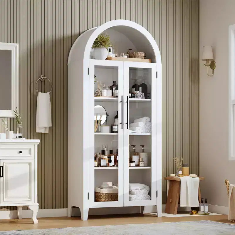 63.2 Arched Kitchen Pantry Storage Cabinet - Farmhouse 5 Tier Display Shelf with 2 Large Glass Doors, for Kitchen, Dining Room, Living Room