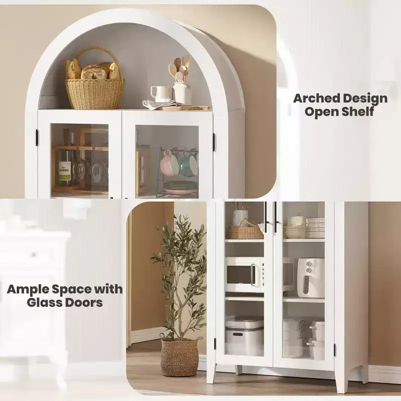 63.2 Arched Kitchen Pantry Storage Cabinet - Farmhouse 5 Tier Display Shelf with 2 Large Glass Doors, for Kitchen, Dining Room, Living Room