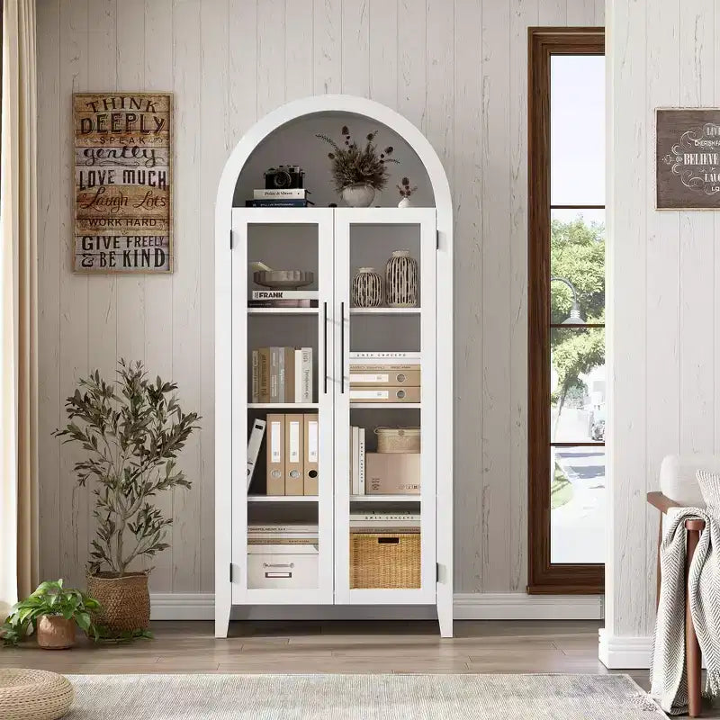 63.2 Arched Kitchen Pantry Storage Cabinet - Farmhouse 5 Tier Display Shelf with 2 Large Glass Doors, for Kitchen, Dining Room, Living Room