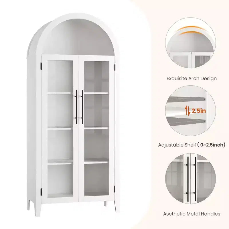 63.2 Arched Kitchen Pantry Storage Cabinet - Farmhouse 5 Tier Display Shelf with 2 Large Glass Doors, for Kitchen, Dining Room, Living Room