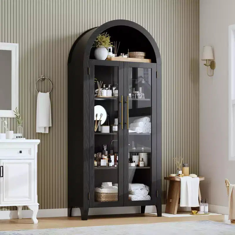 63.2 Arched Kitchen Pantry Storage Cabinet - Farmhouse 5 Tier Display Shelf with 2 Large Glass Doors, for Kitchen, Dining Room, Living Room