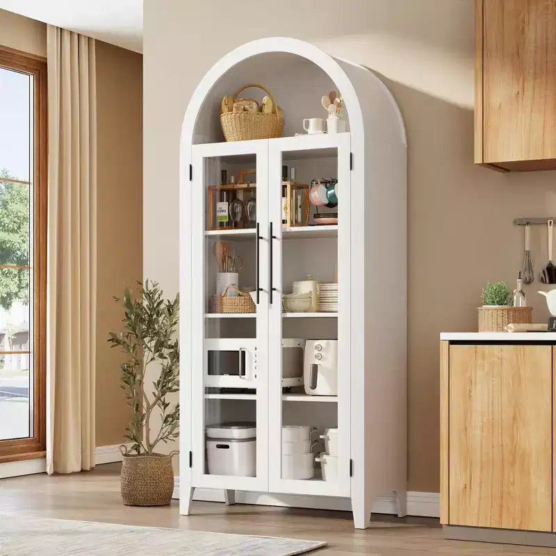 63.2 Arched Kitchen Pantry Storage Cabinet - Farmhouse 5 Tier Display Shelf with 2 Large Glass Doors, for Kitchen, Dining Room, Living Room