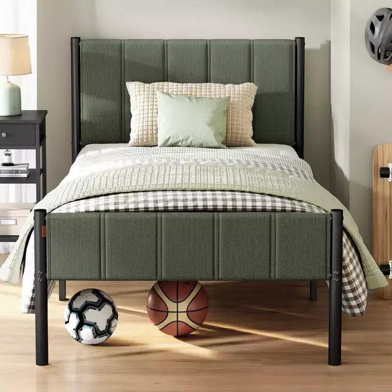 Twin Bed Frame with Upholstered Headboard, Footboard, 550 lb Weight Capacity, Steel Slats, Easy Assembly, No Box Spring Needed