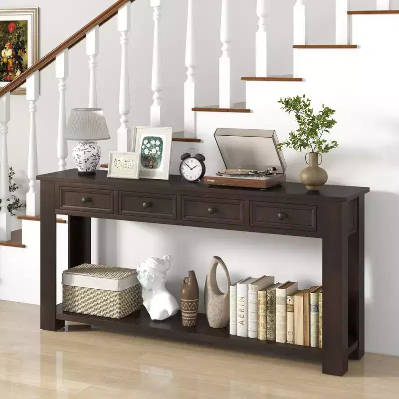 63 Farmhouse Entryway Table with 4 Storage Drawers and Open Shelf Espresso