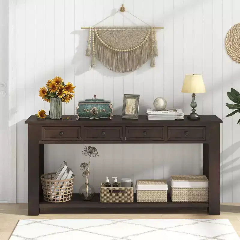 63 Farmhouse Entryway Table with 4 Storage Drawers and Open Shelf Espresso