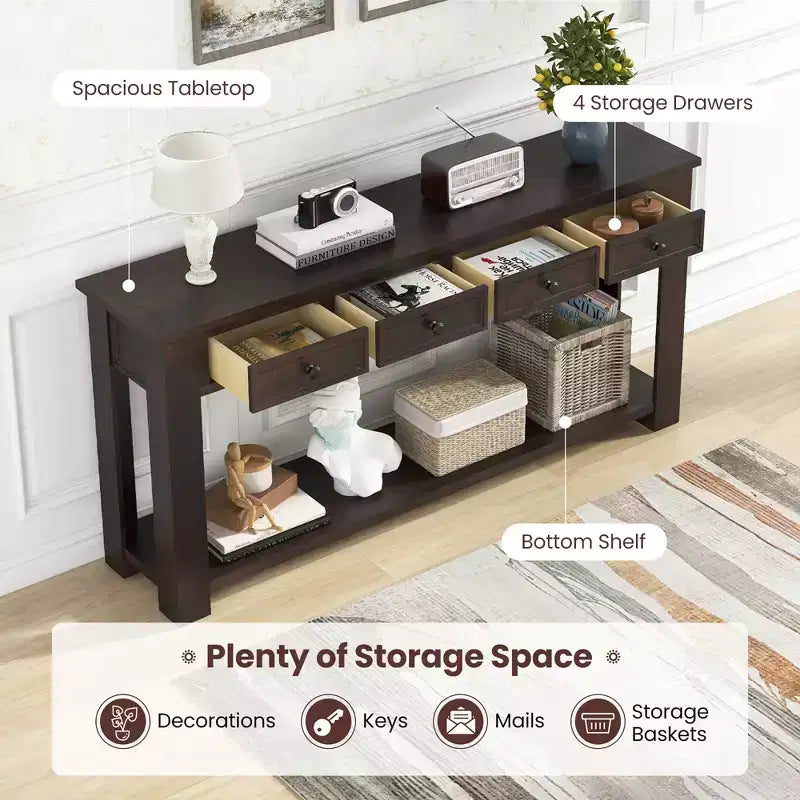 63 Farmhouse Entryway Table with 4 Storage Drawers and Open Shelf Espresso