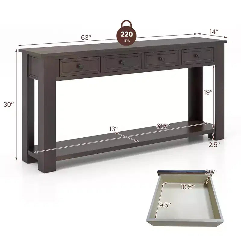 63 Farmhouse Entryway Table with 4 Storage Drawers and Open Shelf Espresso