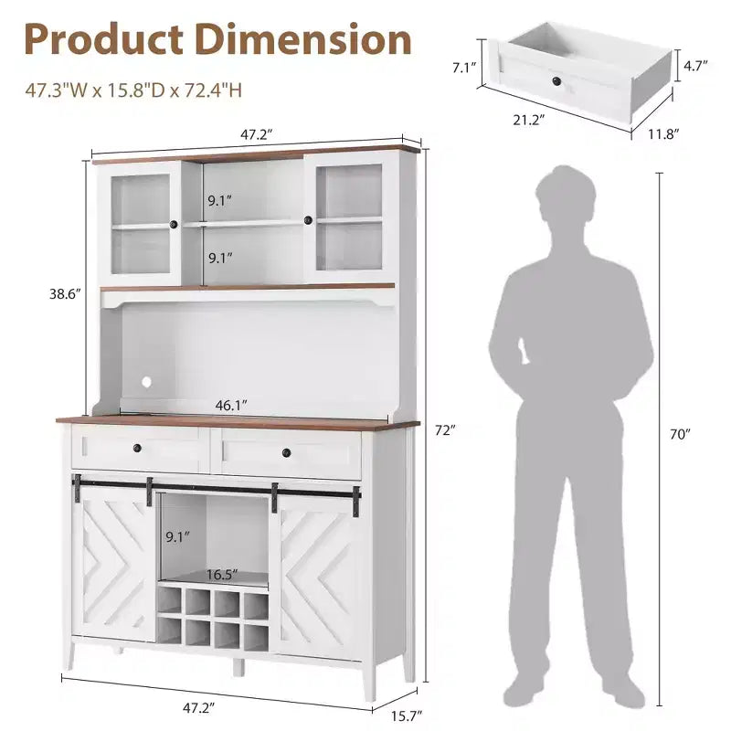 72" Farmhouse Bar Cabinet with Sliding Barn Door | Large Kitchen Buffet with Hutch, Charging Station, 2 Drawers & 8 Storage Shelves