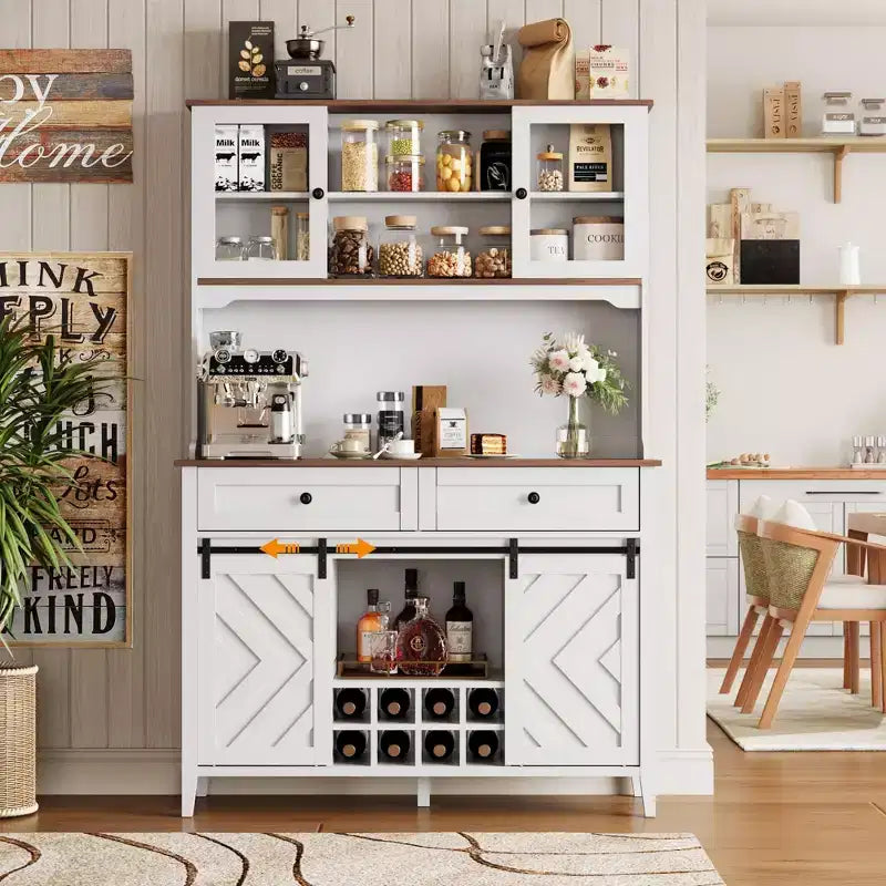 72" Farmhouse Bar Cabinet with Sliding Barn Door | Large Kitchen Buffet with Hutch, Charging Station, 2 Drawers & 8 Storage Shelves