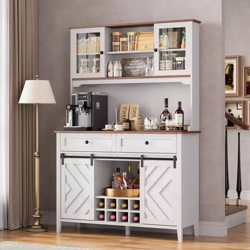 72" Farmhouse Bar Cabinet with Sliding Barn Door | Large Kitchen Buffet with Hutch, Charging Station, 2 Drawers & 8 Storage Shelves