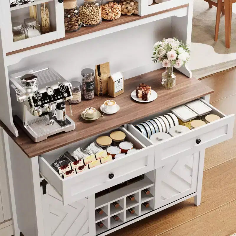 72" Farmhouse Bar Cabinet with Sliding Barn Door | Large Kitchen Buffet with Hutch, Charging Station, 2 Drawers & 8 Storage Shelves