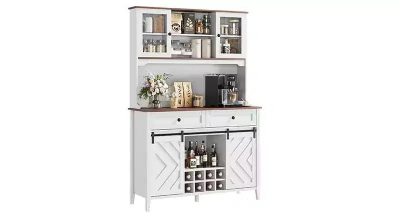 72" Farmhouse Bar Cabinet with Sliding Barn Door | Large Kitchen Buffet with Hutch, Charging Station, 2 Drawers & 8 Storage Shelves