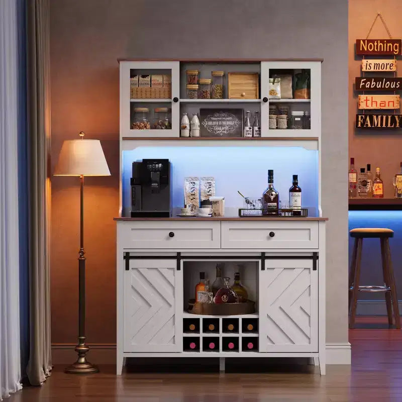 72" Farmhouse Bar Cabinet with Sliding Barn Door | Large Kitchen Buffet with Hutch, Charging Station, 2 Drawers & 8 Storage Shelves
