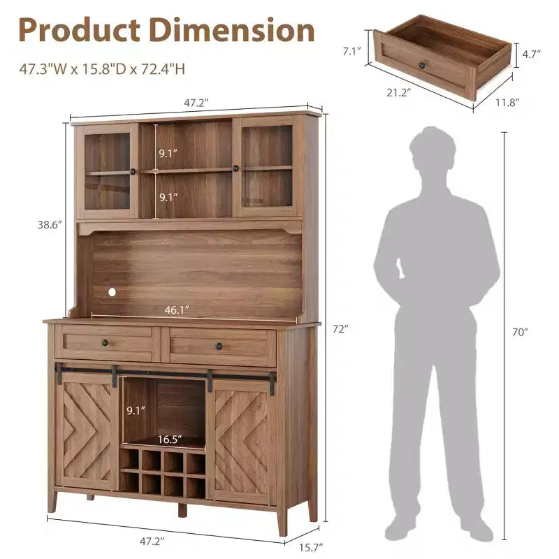 72" Farmhouse Bar Cabinet with Sliding Barn Door | Large Kitchen Buffet with Hutch, Charging Station, 2 Drawers & 8 Storage Shelves