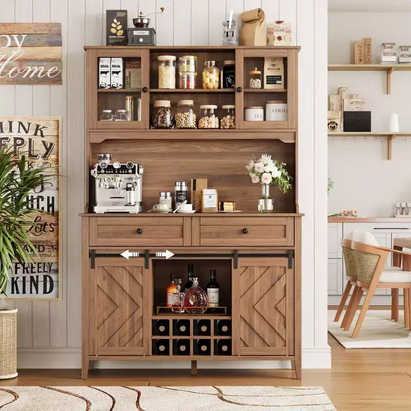 72" Farmhouse Bar Cabinet with Sliding Barn Door | Large Kitchen Buffet with Hutch, Charging Station, 2 Drawers & 8 Storage Shelves