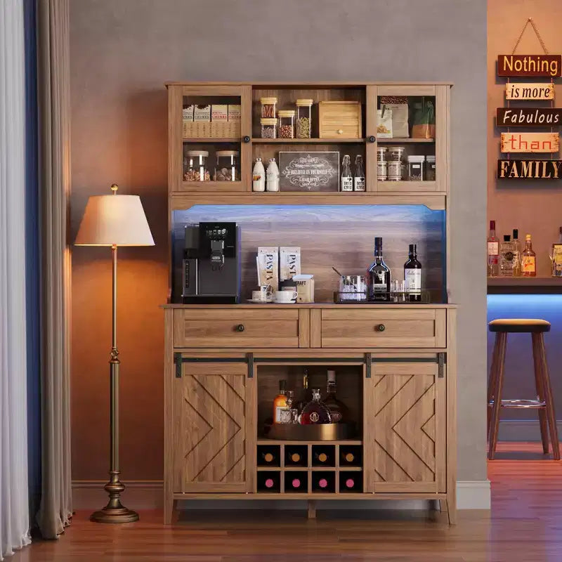 72" Farmhouse Bar Cabinet with Sliding Barn Door | Large Kitchen Buffet with Hutch, Charging Station, 2 Drawers & 8 Storage Shelves
