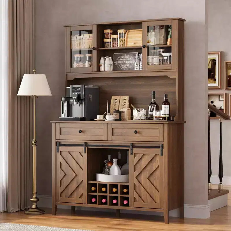 72" Farmhouse Bar Cabinet with Sliding Barn Door | Large Kitchen Buffet with Hutch, Charging Station, 2 Drawers & 8 Storage Shelves