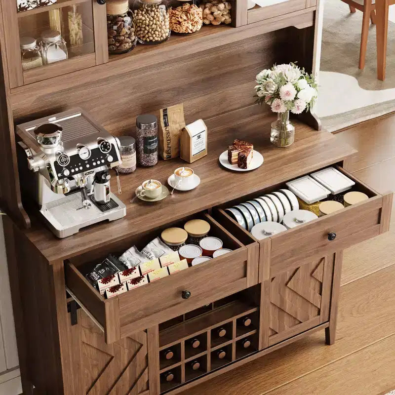 72" Farmhouse Bar Cabinet with Sliding Barn Door | Large Kitchen Buffet with Hutch, Charging Station, 2 Drawers & 8 Storage Shelves