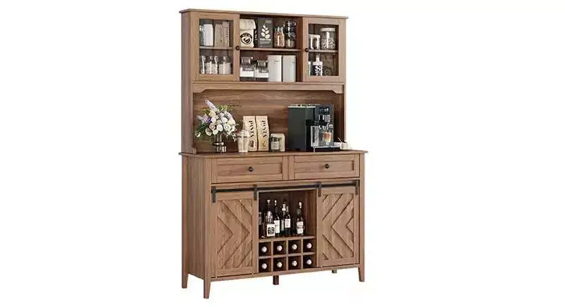 72" Farmhouse Bar Cabinet with Sliding Barn Door | Large Kitchen Buffet with Hutch, Charging Station, 2 Drawers & 8 Storage Shelves