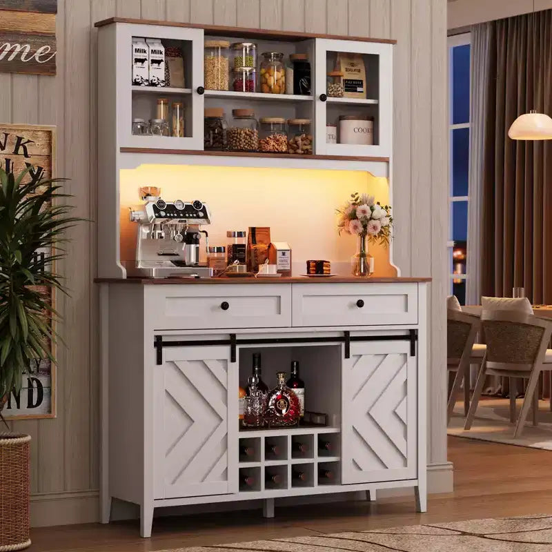 72" Farmhouse Bar Cabinet with Sliding Barn Door | Large Kitchen Buffet with Hutch, Charging Station, 2 Drawers & 8 Storage Shelves