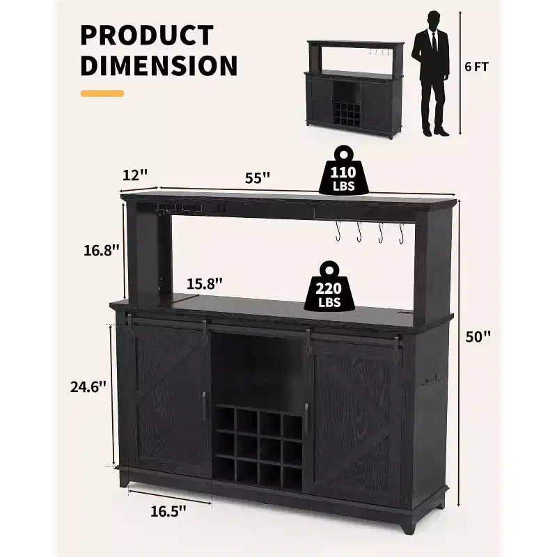 55 Inch Coffee Bar Cabinet with Sliding Barn Door, Wine Glass Rack Storage for Dining Room