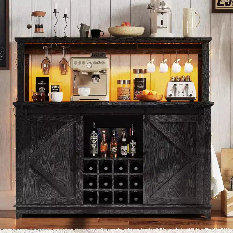 55 Inch Coffee Bar Cabinet with Sliding Barn Door, Wine Glass Rack Storage for Dining Room