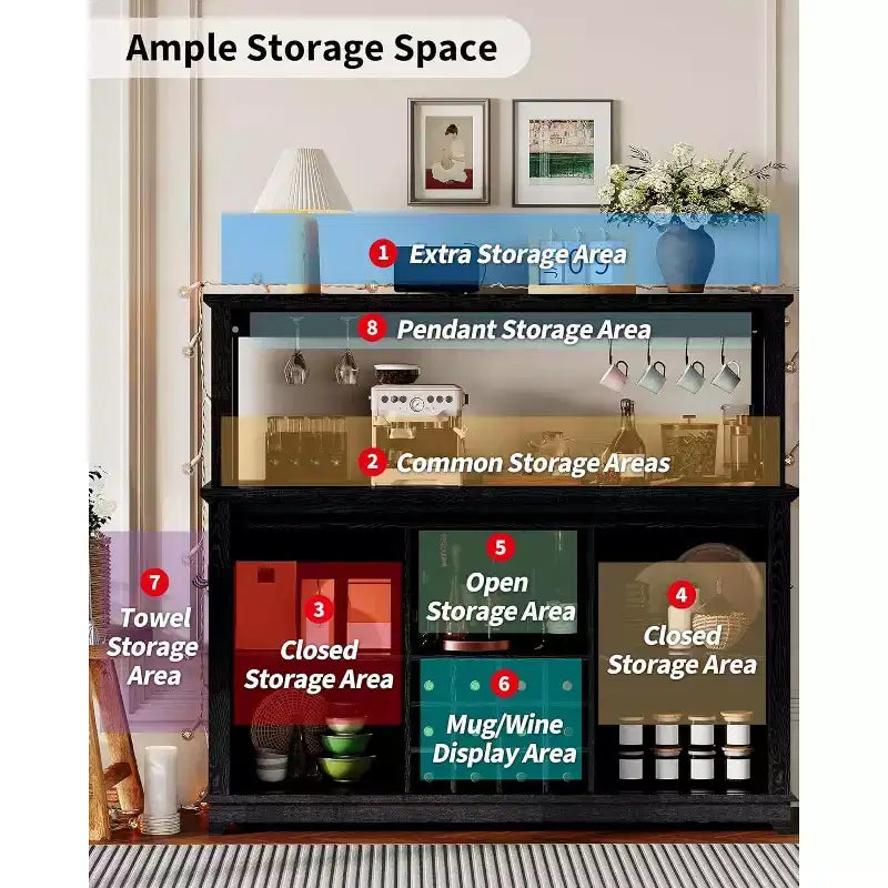 55 Inch Coffee Bar Cabinet with Sliding Barn Door, Wine Glass Rack Storage for Dining Room