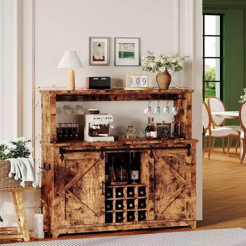 55 Inch Coffee Bar Cabinet with Sliding Barn Door, Wine Glass Rack Storage for Dining Room
