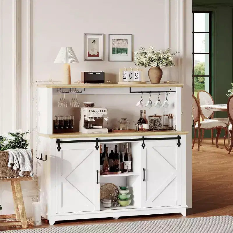 55 Inch Coffee Bar Cabinet with Sliding Barn Door, Wine Glass Rack Storage for Dining Room