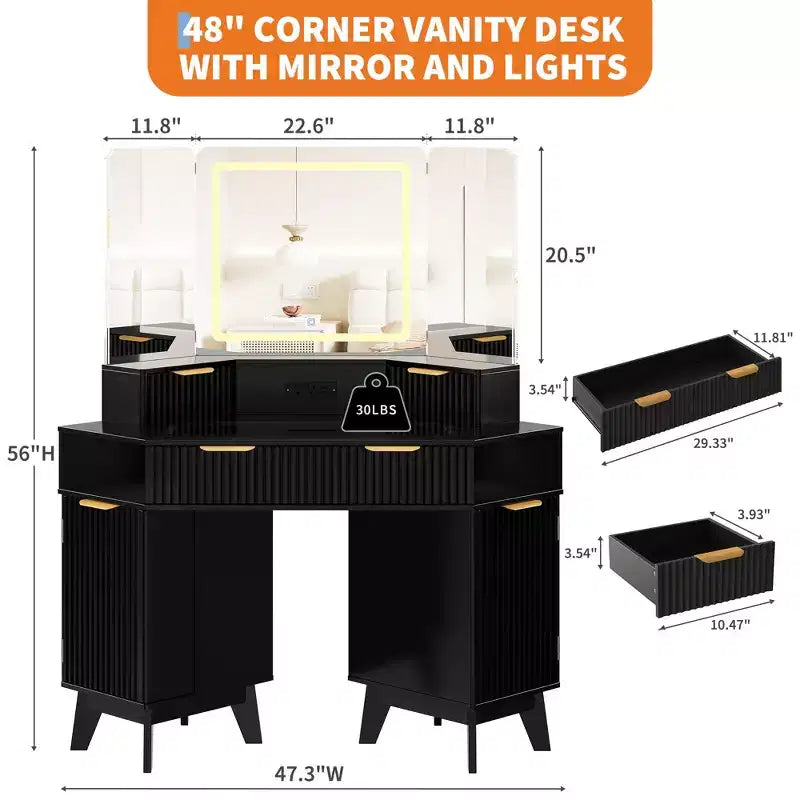 48 Fluted Makeup Vanity, Corner Vanity Desk with 3 Mirrors, Tempered Glass Top, 3 Drawers, 2 Cabinets & 2 Shelf Rack for Bedroom, Dressing Room