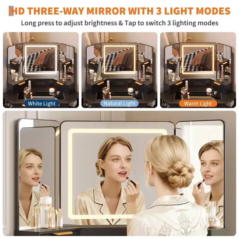 48 Fluted Makeup Vanity, Corner Vanity Desk with 3 Mirrors, Tempered Glass Top, 3 Drawers, 2 Cabinets & 2 Shelf Rack for Bedroom, Dressing Room