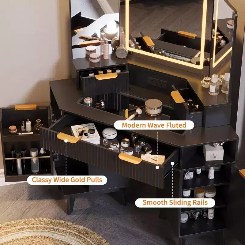 48 Fluted Makeup Vanity, Corner Vanity Desk with 3 Mirrors, Tempered Glass Top, 3 Drawers, 2 Cabinets & 2 Shelf Rack for Bedroom, Dressing Room